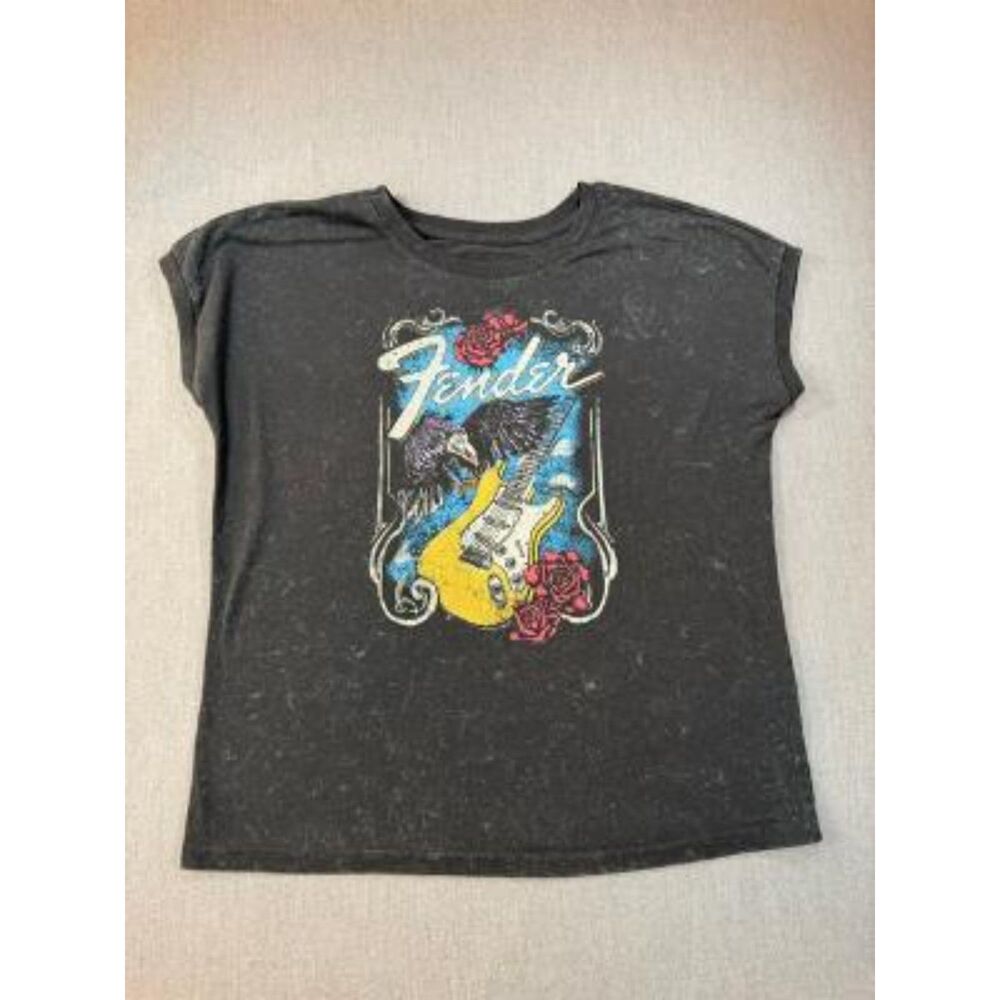 Fender Guitar T-Shirt Size M Black Acid Wash Graphic Print Cotton Tee
